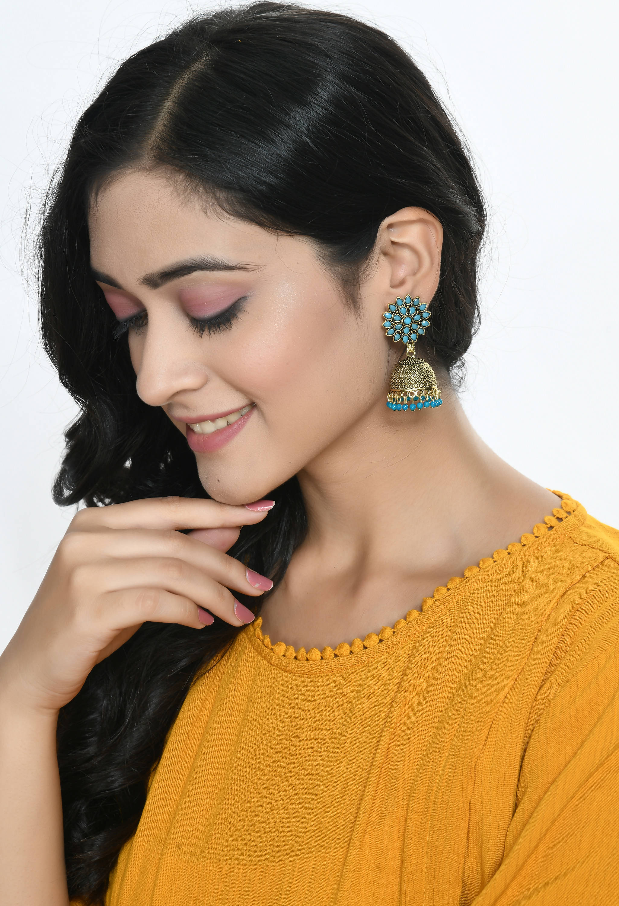 Mominos Fashion Johar Kamal Beautiful Kundan Work Jhumka With Sky Blue Beads - Distacart