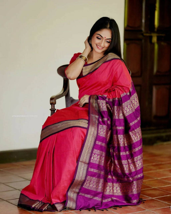 DEIANA'S Beautiful Golden Jari with New Design Soft Lichi Silk Saree - Pink - Distacart