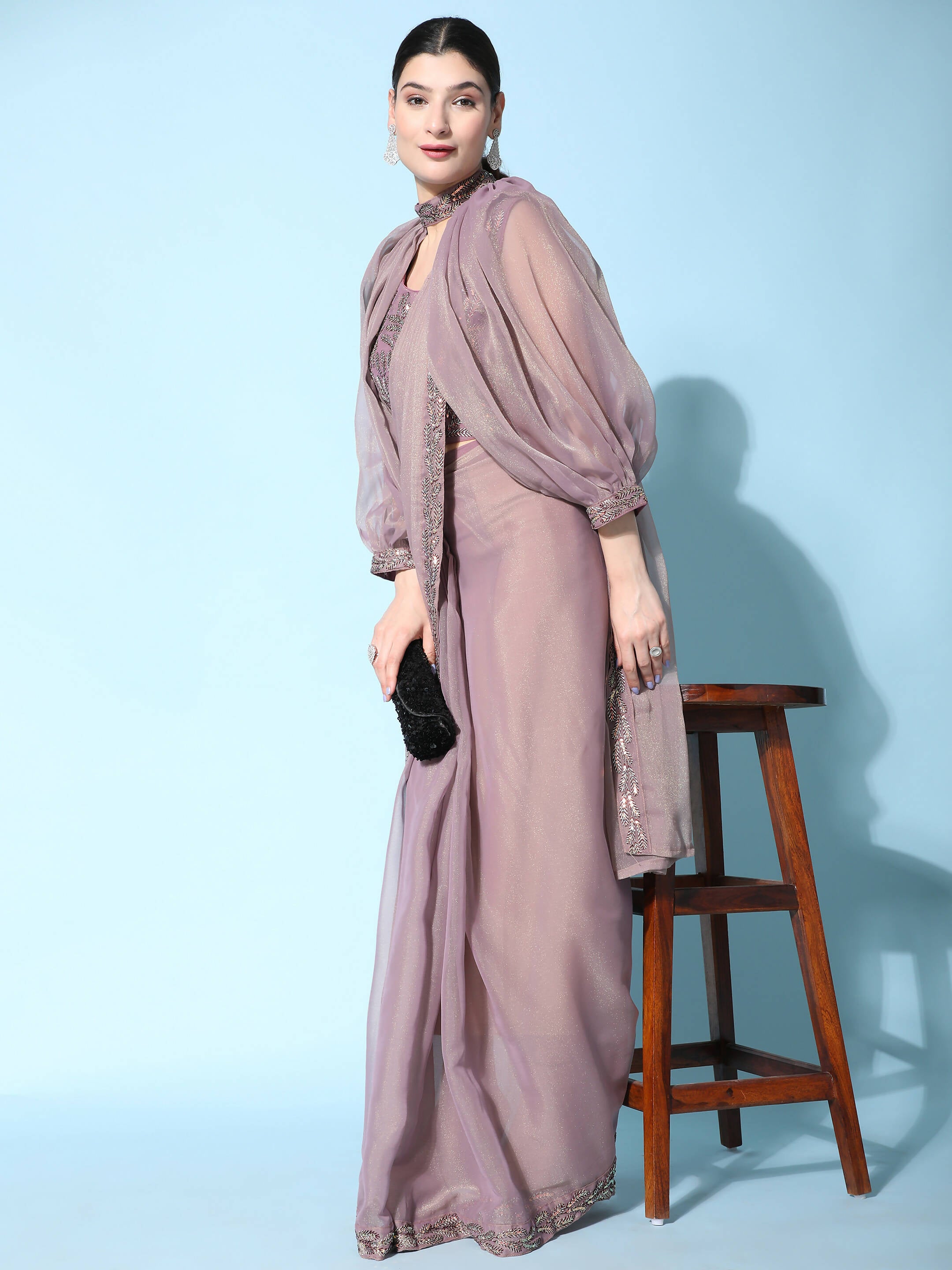 Purple Fancy Pure Fabric Plain Ready to wear Saree with stitched Blouse - Vrinda - Distacart