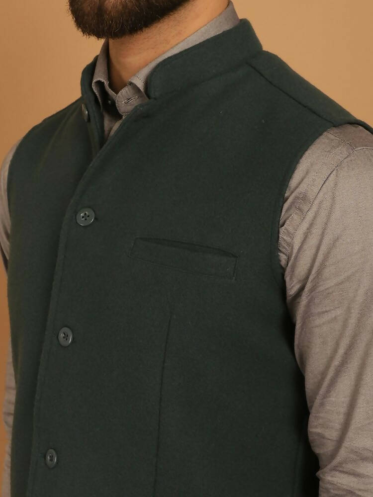 Even Apparels Pure Wool Nehru Jacket - Green - Distacart