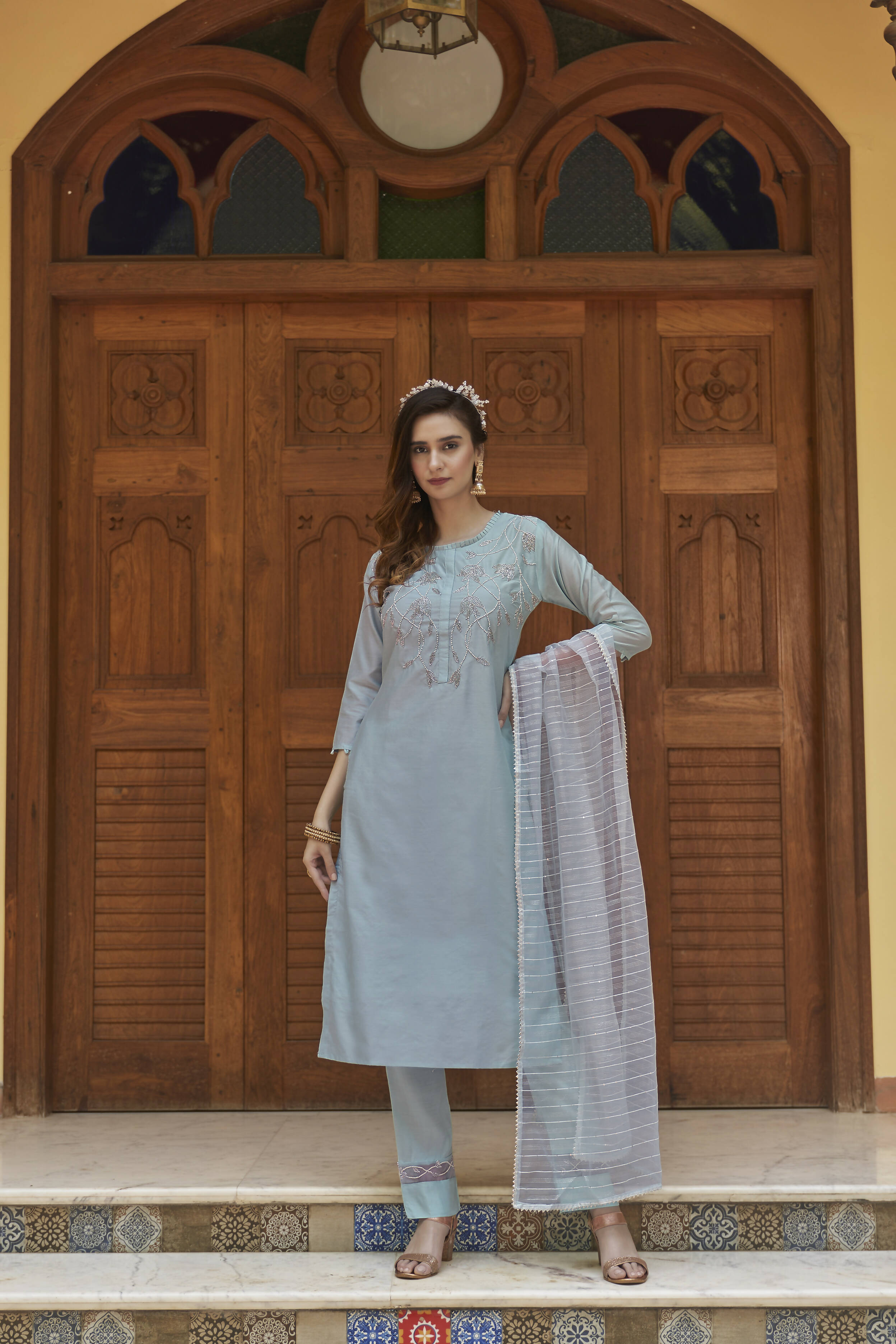 Sky Blue Chinon Embroidered Kurta and Bottom with Dupatta - Akashara - Distacart