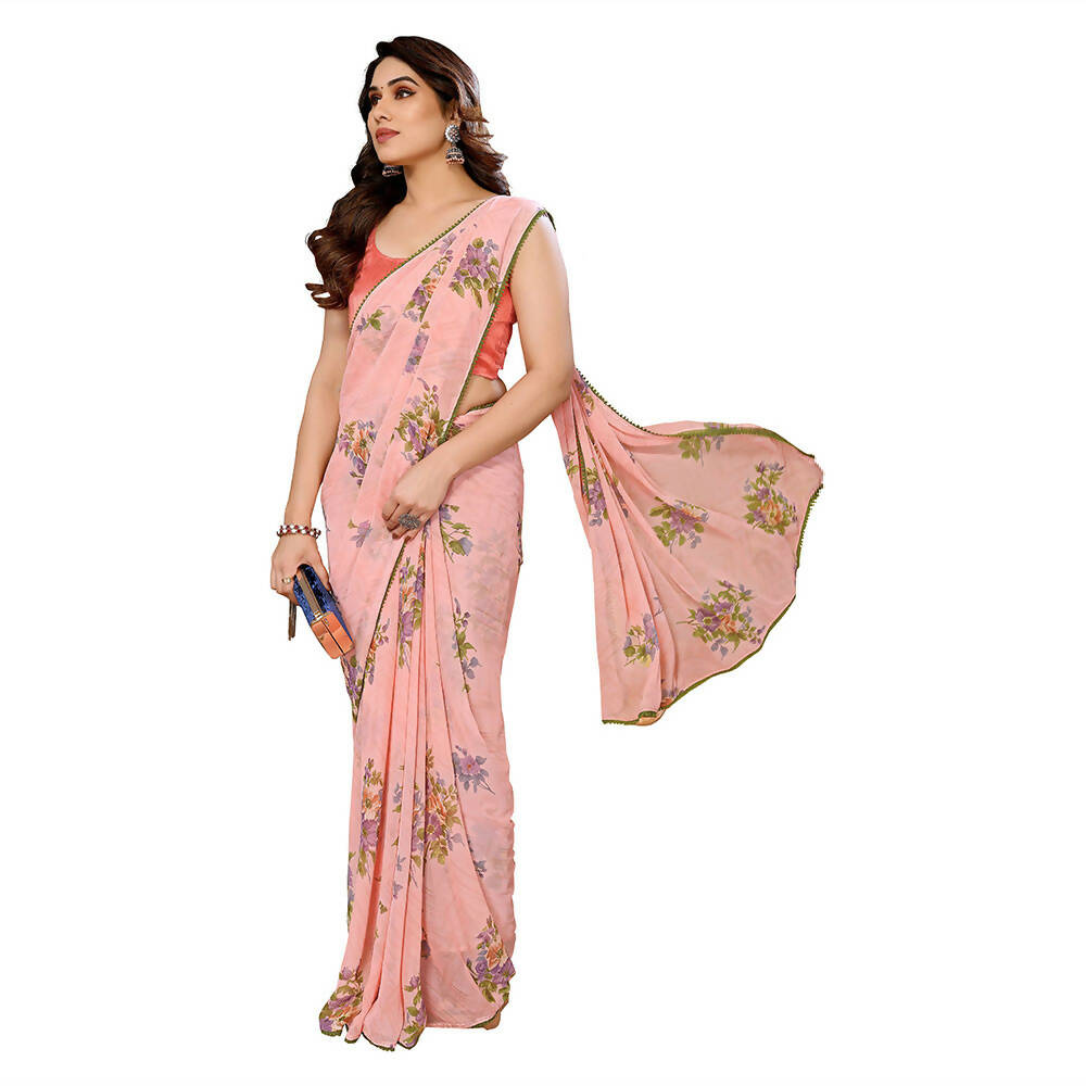Women's Partywear Designer Peach Georgette Fancy Saree - Satrangi - Distacart