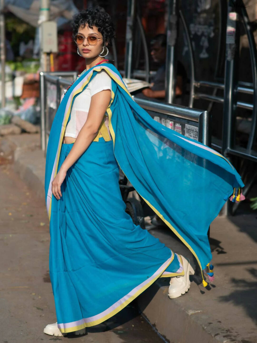 Suta Blue Solid Mul Cotton Saree - Distacart