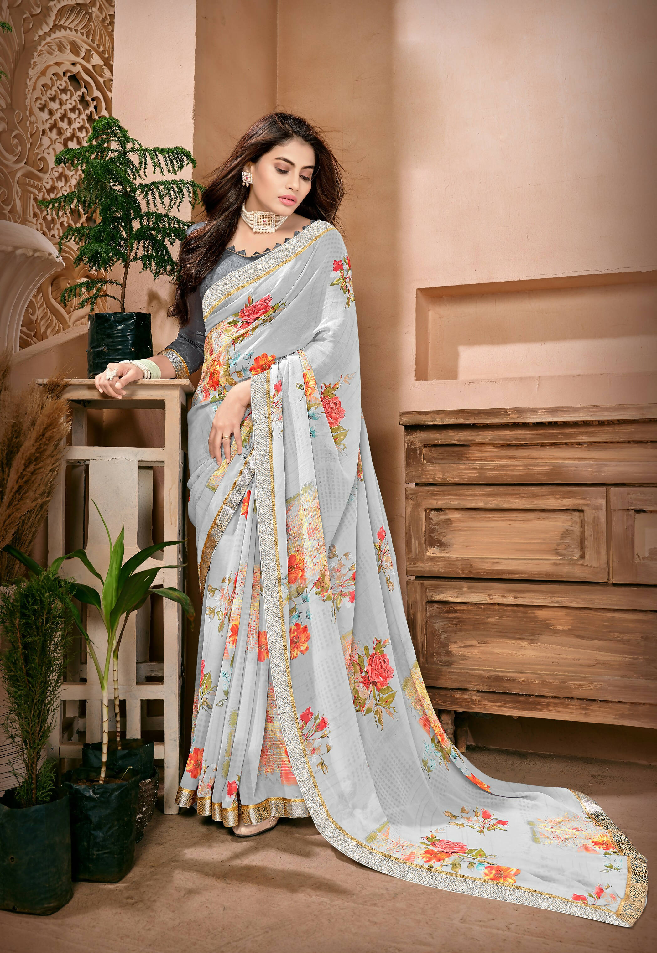 Grey Georgette Floral Printed Saree With Unstitched Blouse Piece - Jyoti - Distacart