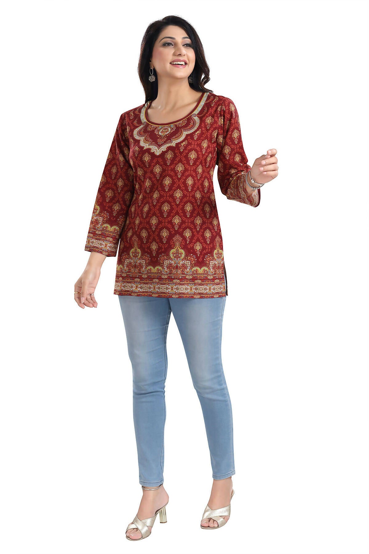 Snehal Creations Magical Maroon Printed Short Kurti Tunic Top - Distacart