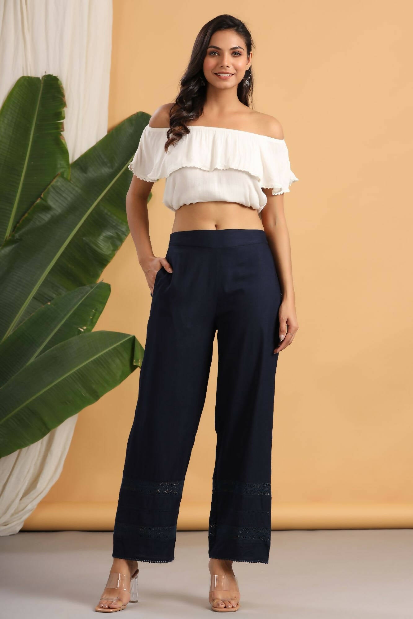 Juniper Women Navy Rayon Woven Design Flared Palazzo - Distacart