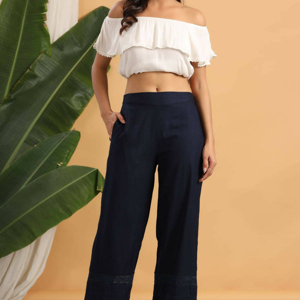 Juniper Women Navy Rayon Woven Design Flared Palazzo - Distacart