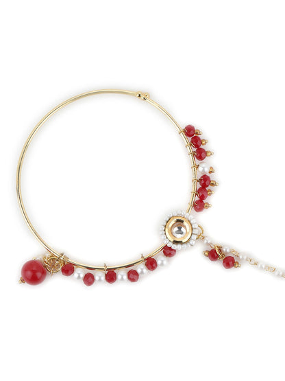 White Red Gold-Plated Kundan-Studded Beaded Nosepin - Ruby Raang - Distacart