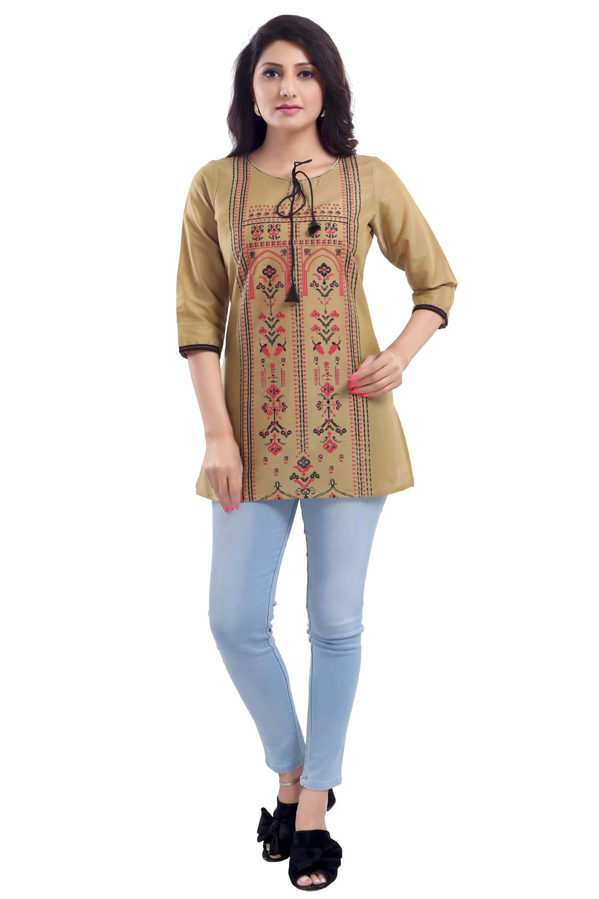 Snehal Creations Luxurious Fine Gold Cotton Silk Short Tunic Top - Distacart