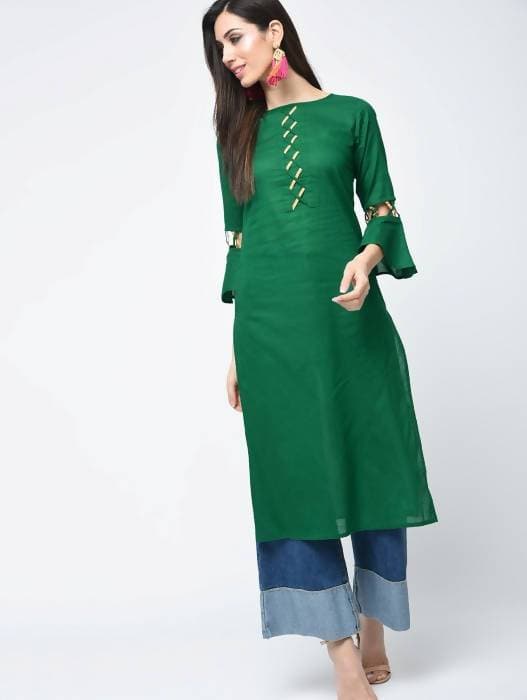 Aniyah Cotton Criss Cross Bell Sleeves Straight Thick Green Kurta (AN-101K)