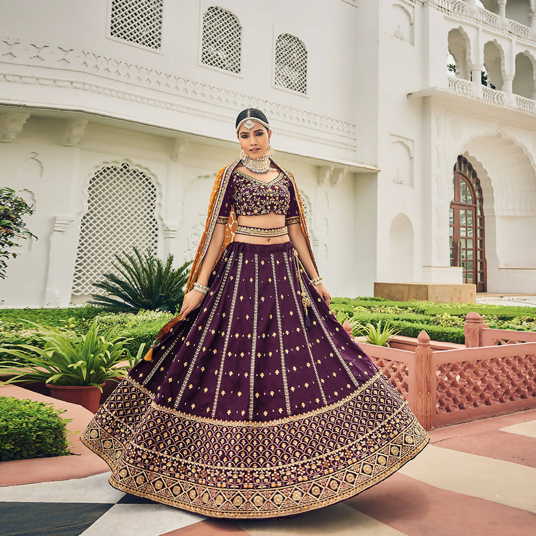 Purple Heavy Viscose Khatli, Embroidery & Mirror Work Unstitched Lehenga Choli - Sisha Keshav - Distacart