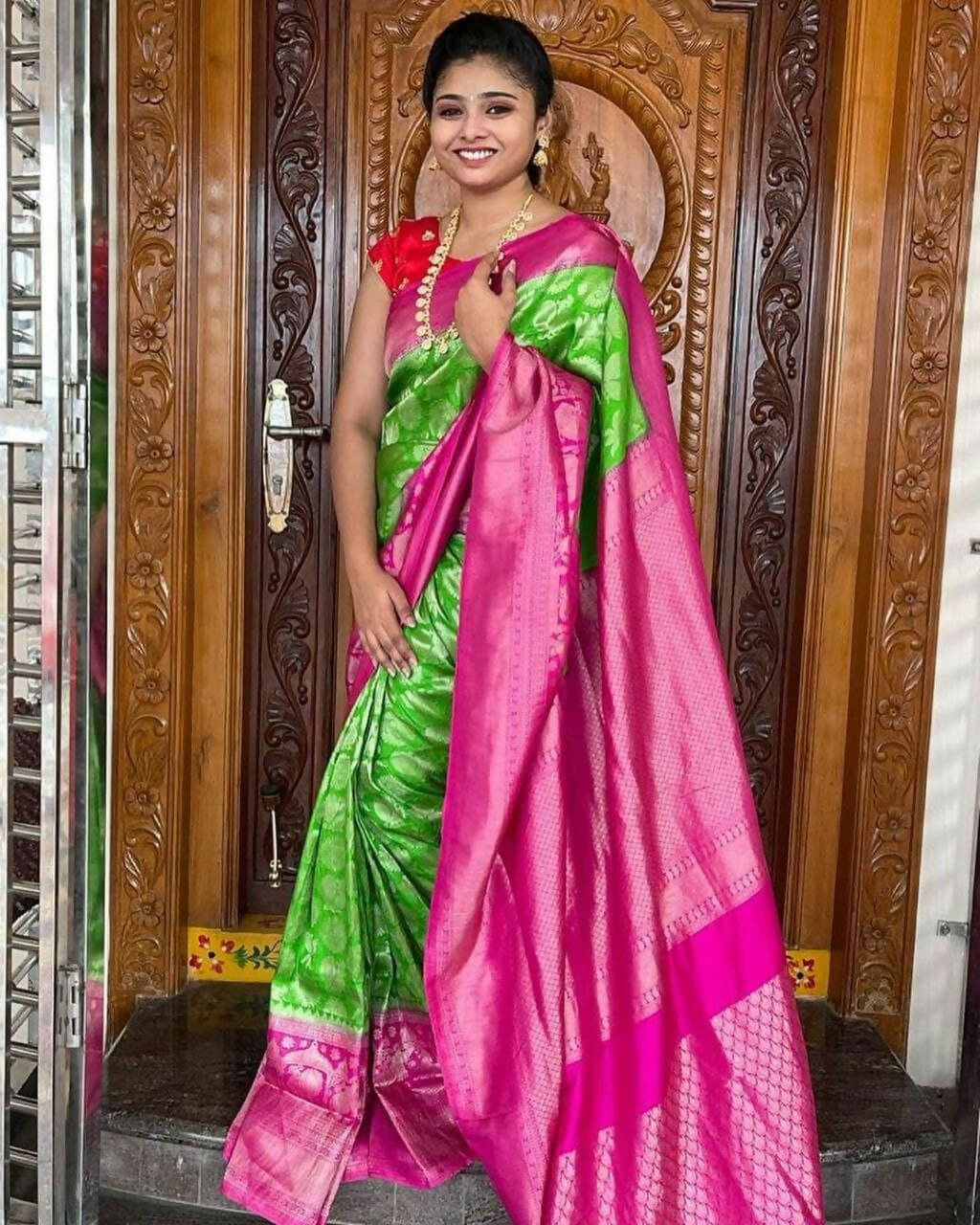 DEIANA'S Beautiful Golden Jari with New Design Soft Lichi Silk Saree - Parrot - Distacart