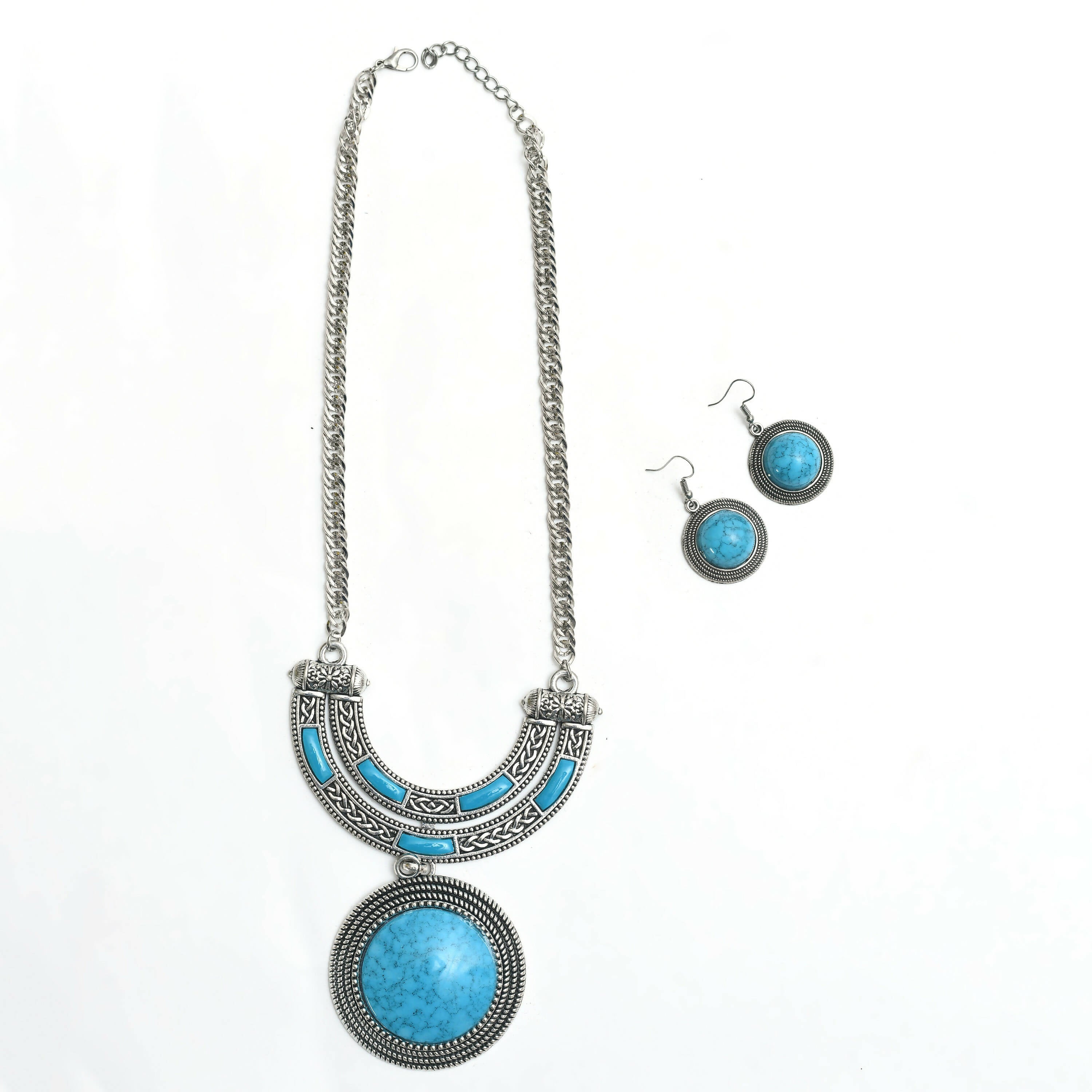 Mominos Fashion Johar Kamal Oxidised Silver-Plated Stone Work Long Necklace Handicraft Sky Blue - Distacart