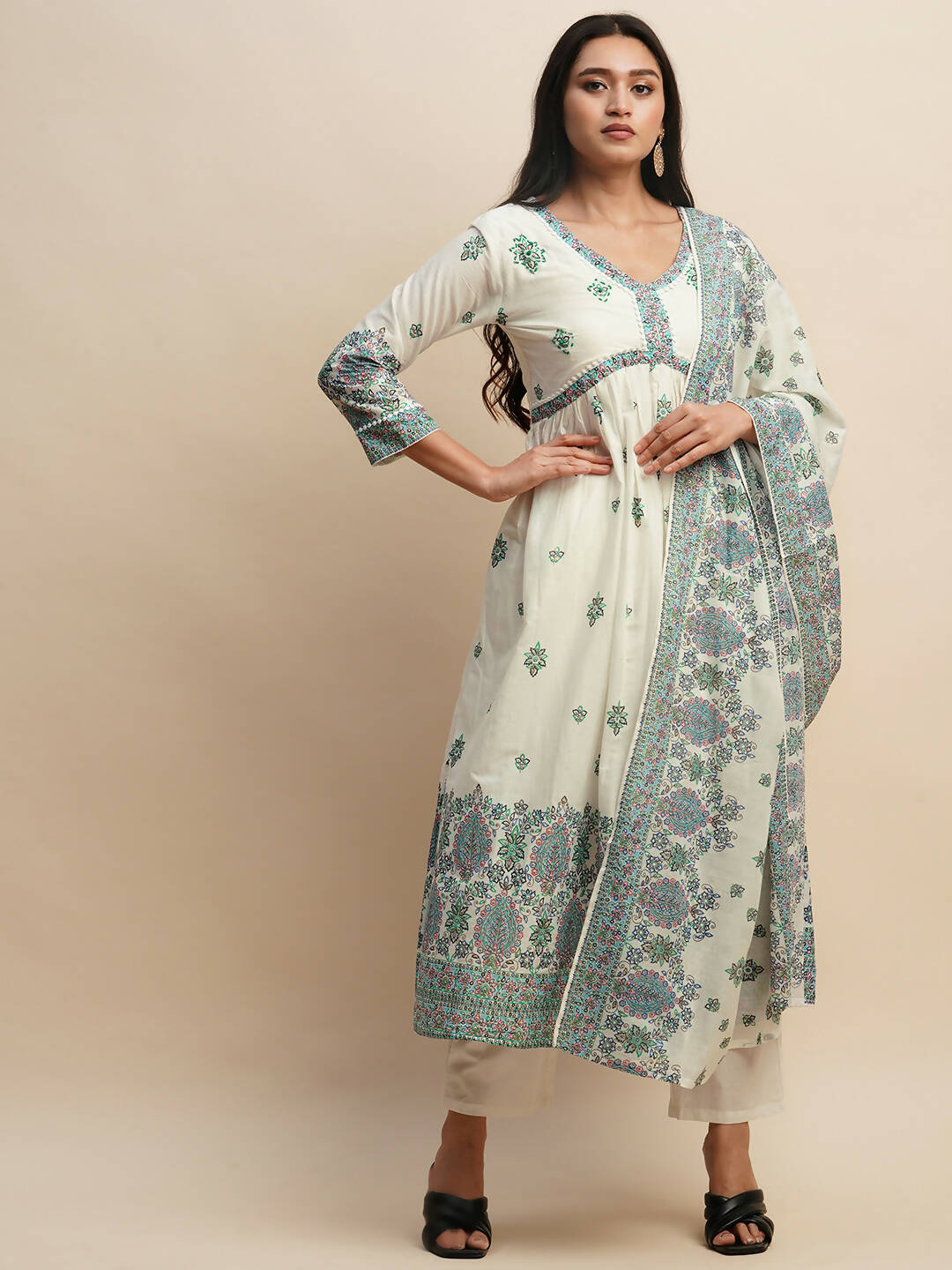 White And Blue Pure Cotton Floral Printed Anarkali Kurta And Bottom With Dupatta - Akashara - Distacart