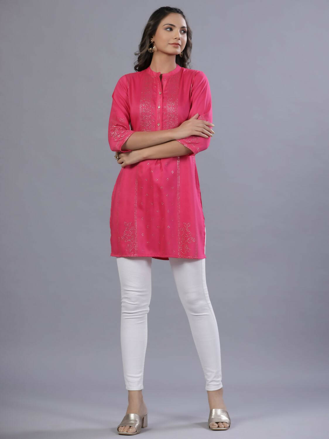 Juniper Women Fuchsia Chinon Silk Mukesh Work Straight Tunic - Distacart