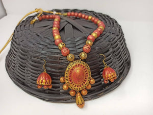 Terracotta Medium Necklace Set With Hangings-Golden Pink