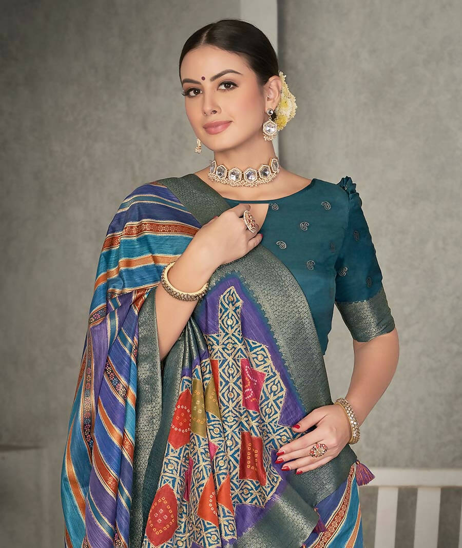 Blue Rangkat Tussar Silk Woven Design Saree with Unstitched Blouse - Mohmanthan Eshani - Distacart