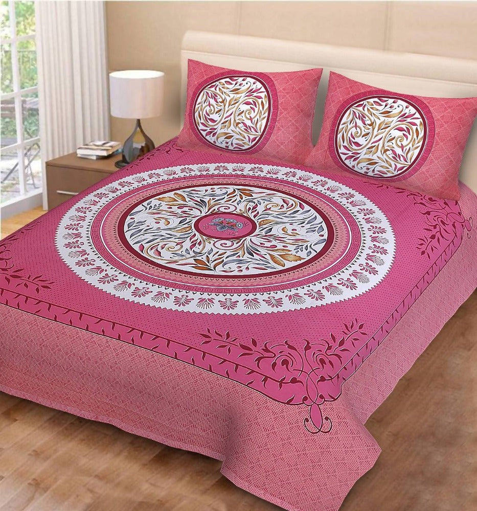 Vamika Printed Cotton Pink Circleleaf Bedsheet With Pillow Covers