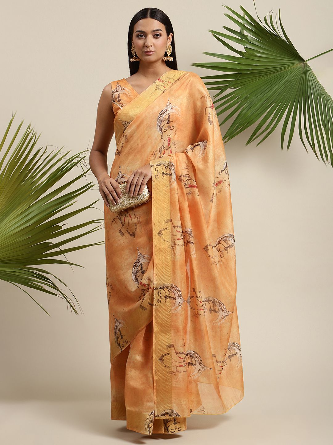 Ahalyaa Women's Orange Chanderi Digital Printed Saree - Distacart
