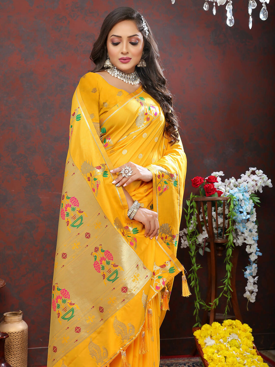 Lorenvalley Fashion Gold Soft Paithani Silk Woven Design Gold Zari Meenakari Weaving Saree - Distacart