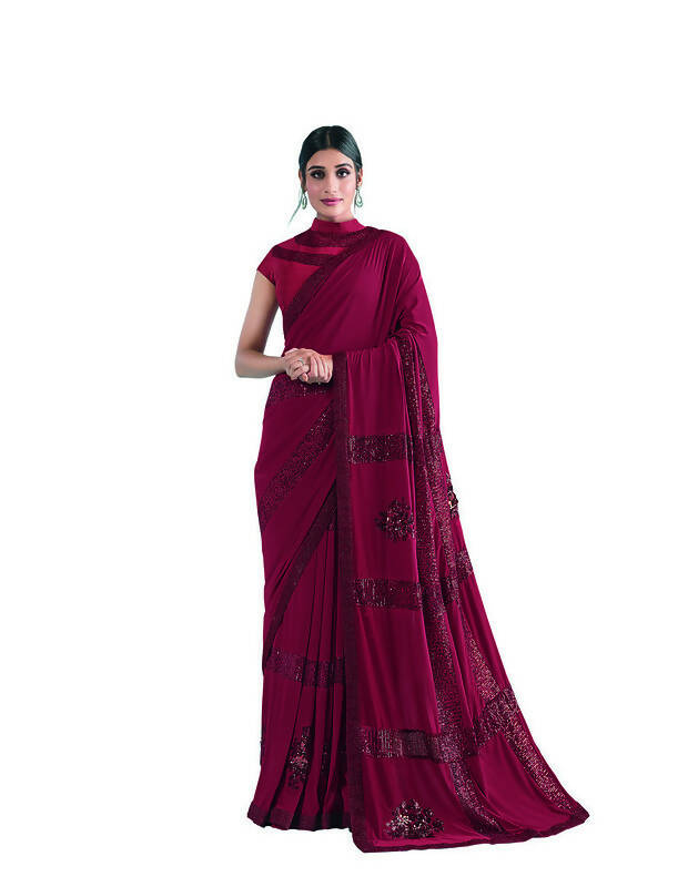 Red Lycra Sequence Embroidery Saree with Unstitched Blouse Piece - Norita Elaura - Distacart