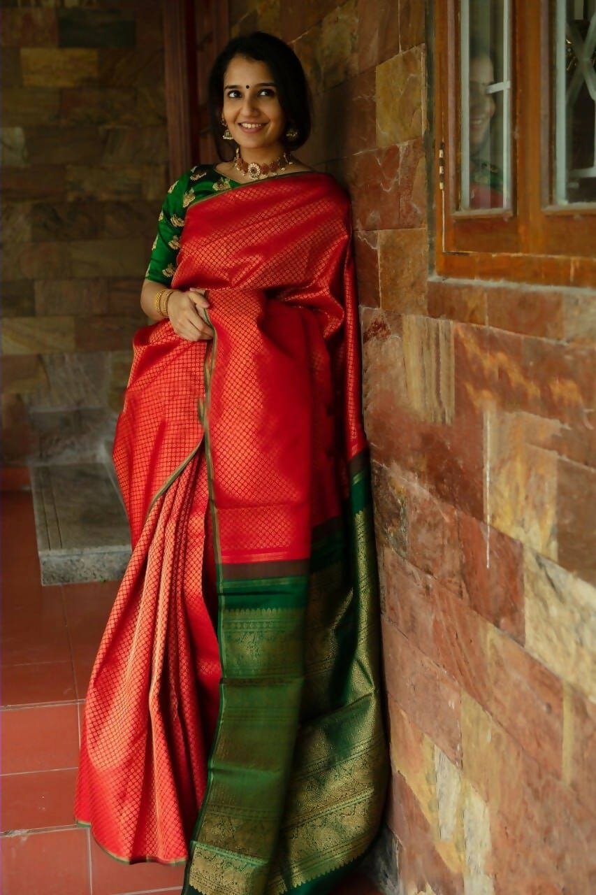 DEIANA'S Beautiful Golden Jari with New Design Soft Lichi Silk Saree - Red - Distacart