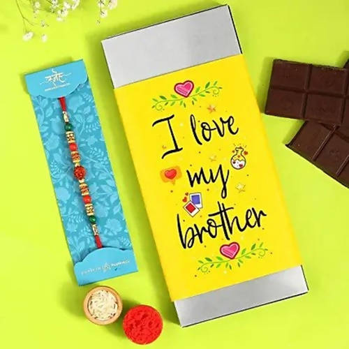 Rudraksha Rakhi & Love My Brother Amul Chocolate Sleeve