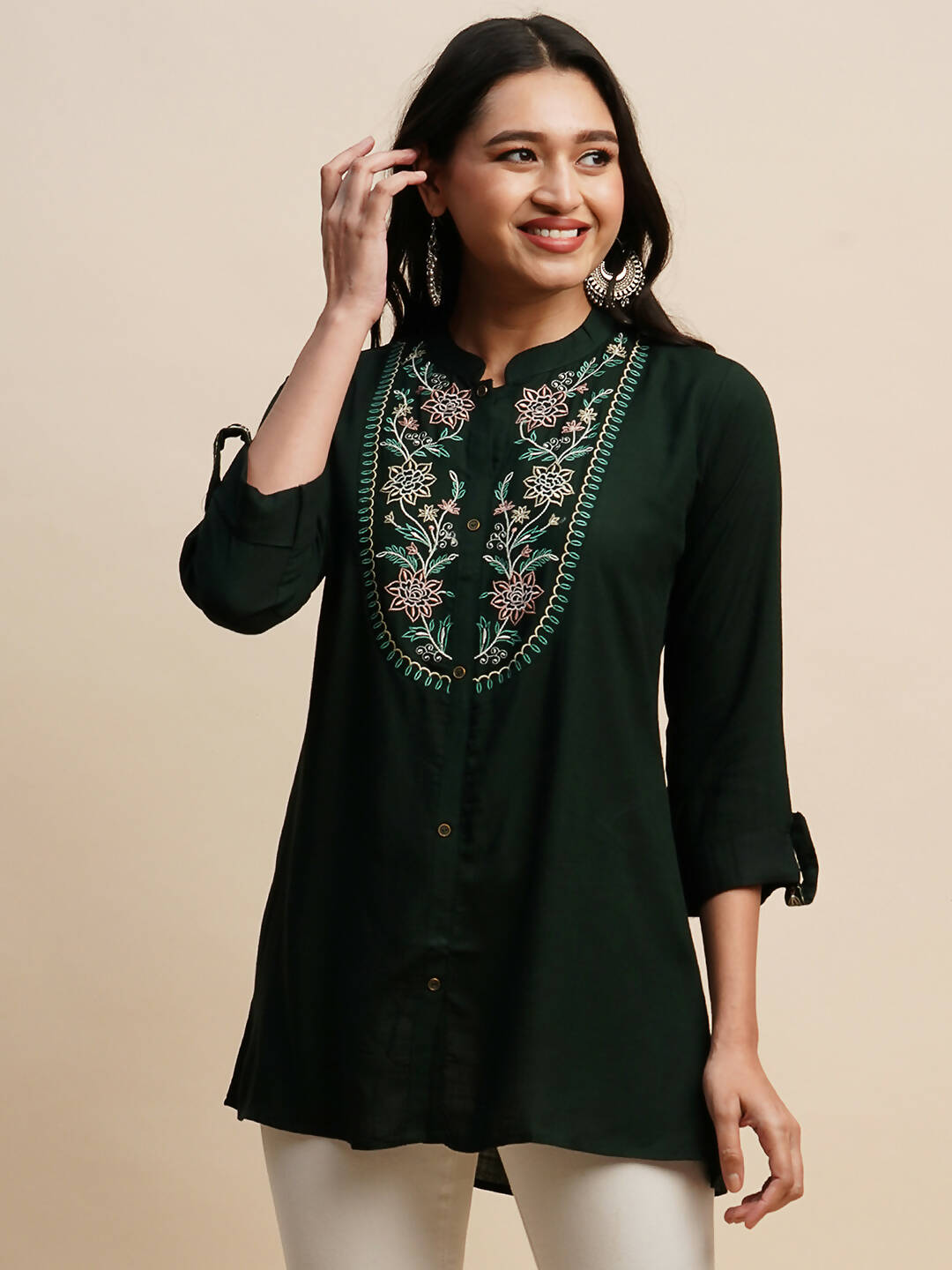 Dark Green Rayon Embroidered Top - Tarini - Distacart
