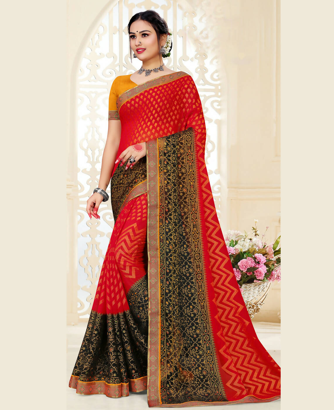 Red & Black Chiffon Brasso Printed Saree With Unstitched Blouse Piece - Jyoti - Distacart