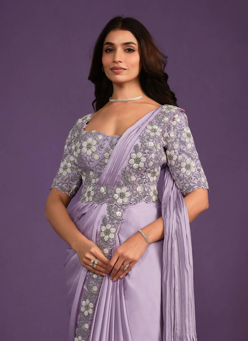Lavender Crepe Satin Silk Embroidered Saree With Stitched Blouse - Mohmanthan Exotica - Distacart