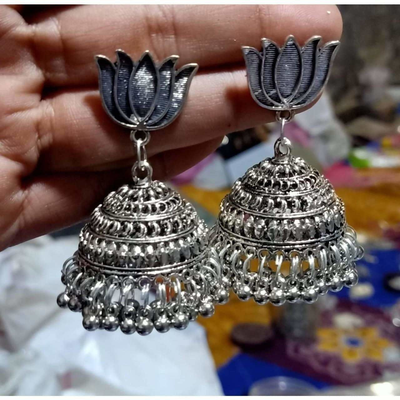 Lotus Design Traditional Tribal Oxidized Silver Jhumka Earrings