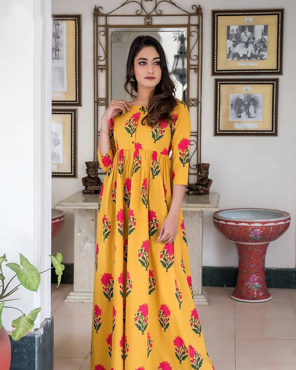 Partywear Designer Gold Yellow Pure Maslin Gown - Anbazaar - Distacart