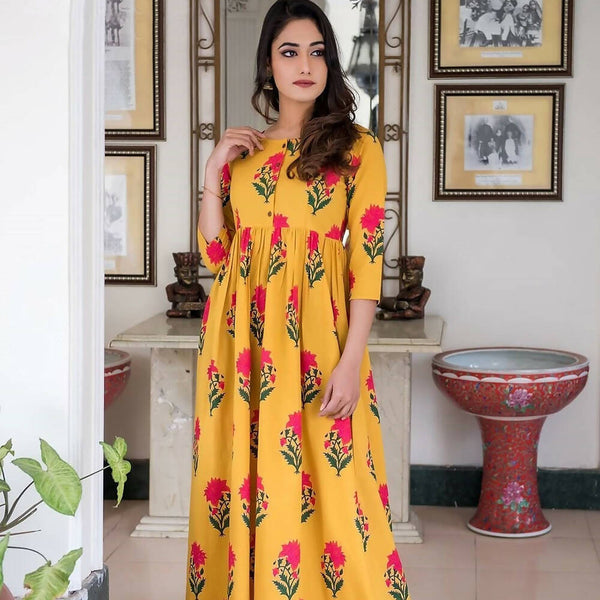 Partywear Designer Gold Yellow Pure Maslin Gown - Anbazaar - Distacart