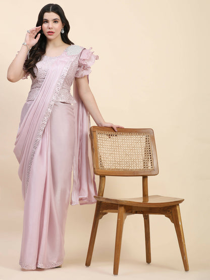 Light Pink Silk Satin Sequence Work Ready to Wear Saree with stitched Blouse - Nirvana - Distacart