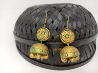 Thumbnail for Terracotta Hanging Stud Jhumkas-Pearl Green And Gold