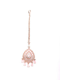Thumbnail for Priyaasi Women Pink American Diamond Stones Rose Gold-Plated MaangTikka - Distacart