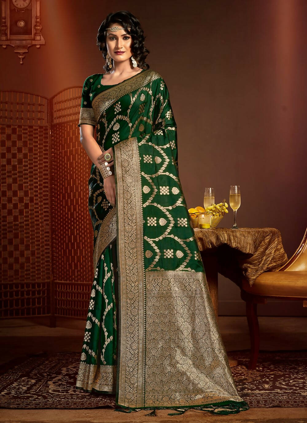 Dark Green Silk Ethnic Motif Woven Design Saree with Unstitched Blouse Piece - Aachal - Distacart