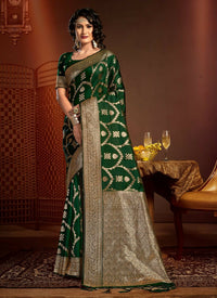 Thumbnail for Dark Green Silk Ethnic Motif Woven Design Saree with Unstitched Blouse Piece - Aachal - Distacart