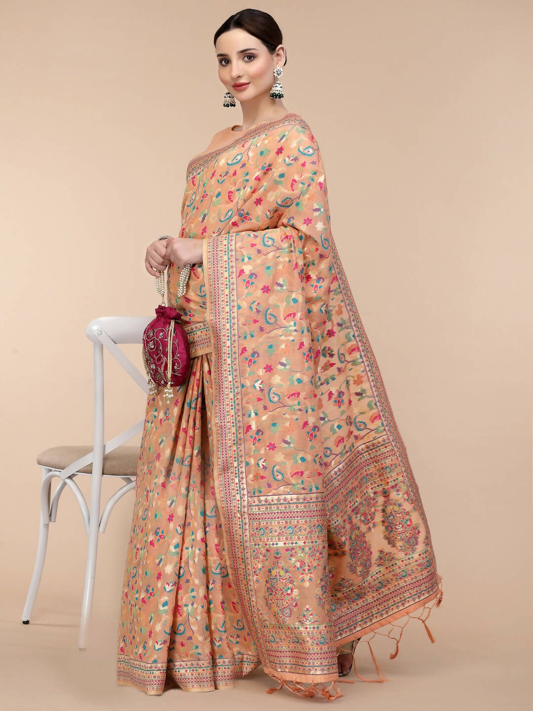 Peach Silk Blend Woven Design Saree With Unstitched Blouse Piece - Aloki - Distacart