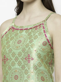 Thumbnail for Myshka Green Jacard Printed Sleeveless Round Neck Kurta Pant Dupatta Set