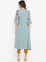 Thumbnail for Janasya Blue Floral Embroidered Flared Sleeves Thread Work Crepe Anarkali Kurta - Distacart