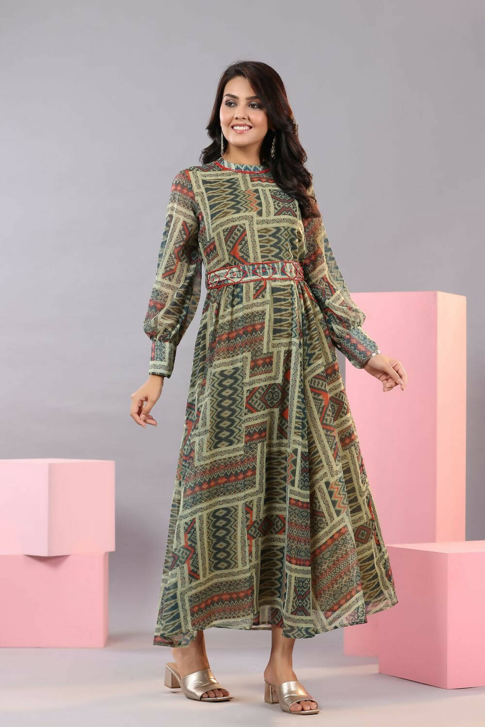 Juniper Women Green Chiffon Printed Maxi Dress - Distacart