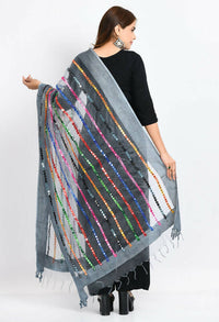 Thumbnail for Mominos Fashion Moeza Women's Orgenza Multi Thread Mirror Work Grey Dupatta - Distacart