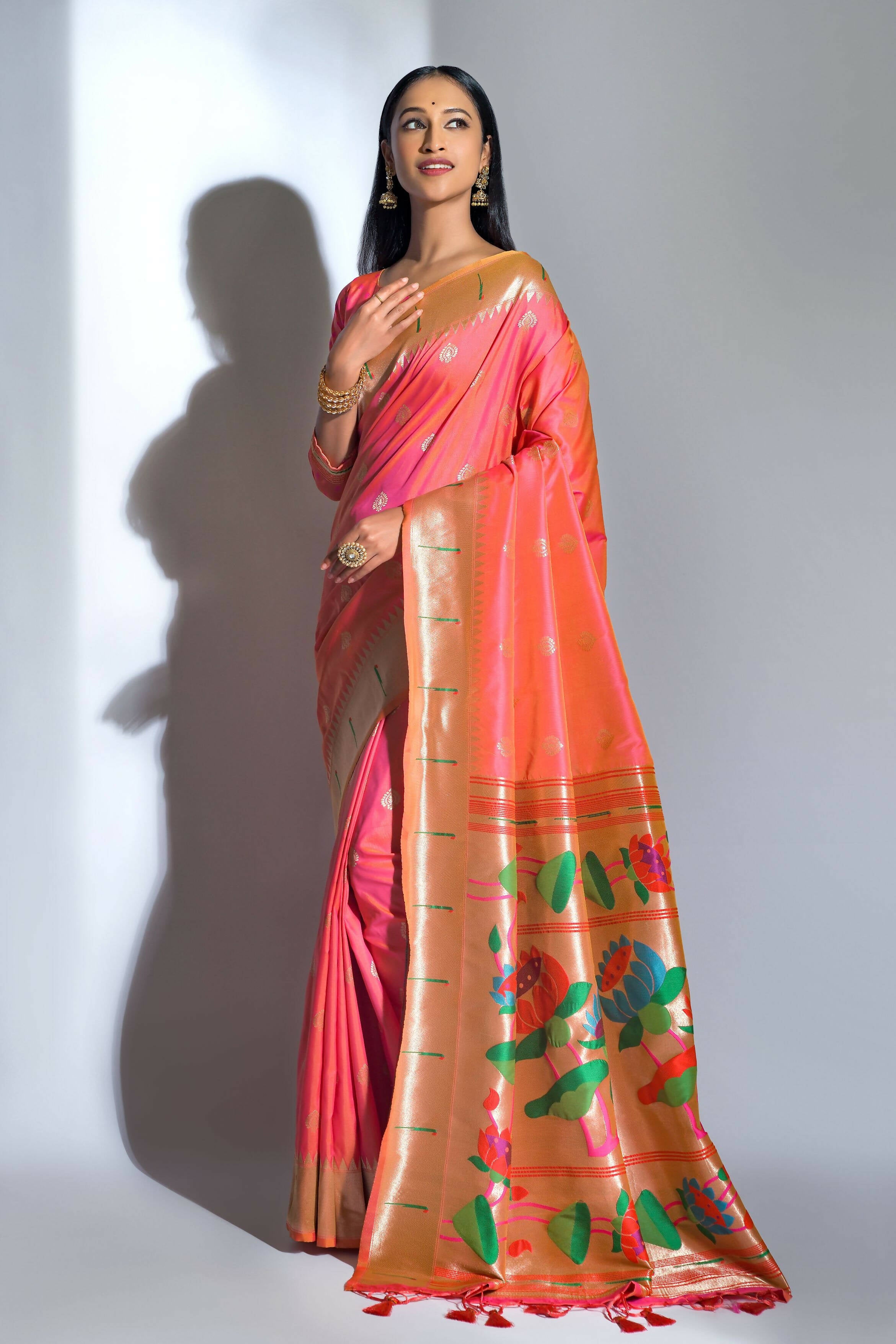 Vishnu Weaves Women's Gajri Paithani Silk Zari Woven Saree with Unstitched Blouse - Distacart