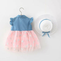 Thumbnail for Bold N Elegant Cap Sleeve Denim Embroidered Midi Party Dress Frock with Hat Dress - Floral Pink - Distacart