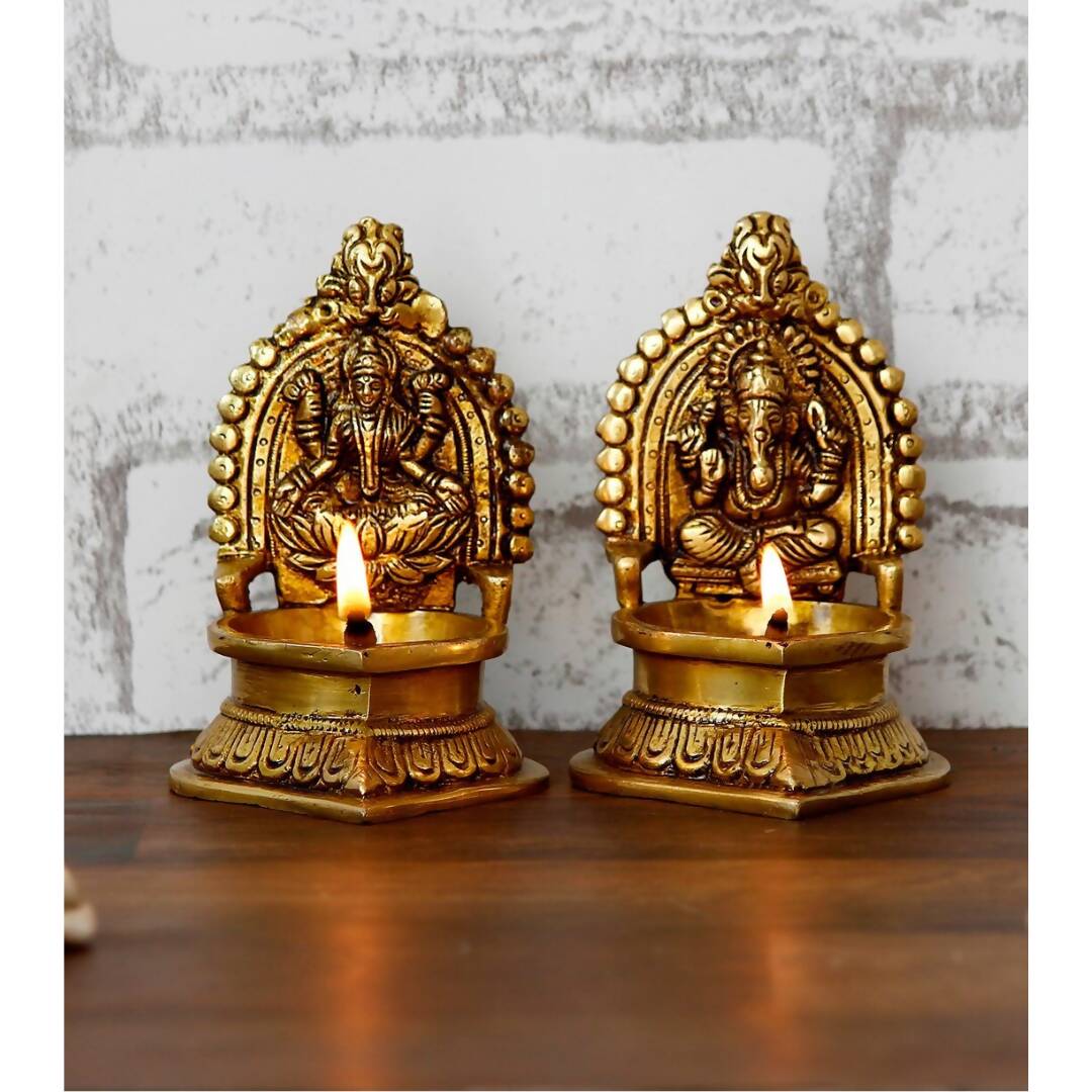 eCraftIndia Set of 2 Gold-Toned Handcrafted Brass Laxmi Ganesha Idol Deepak - Distacart