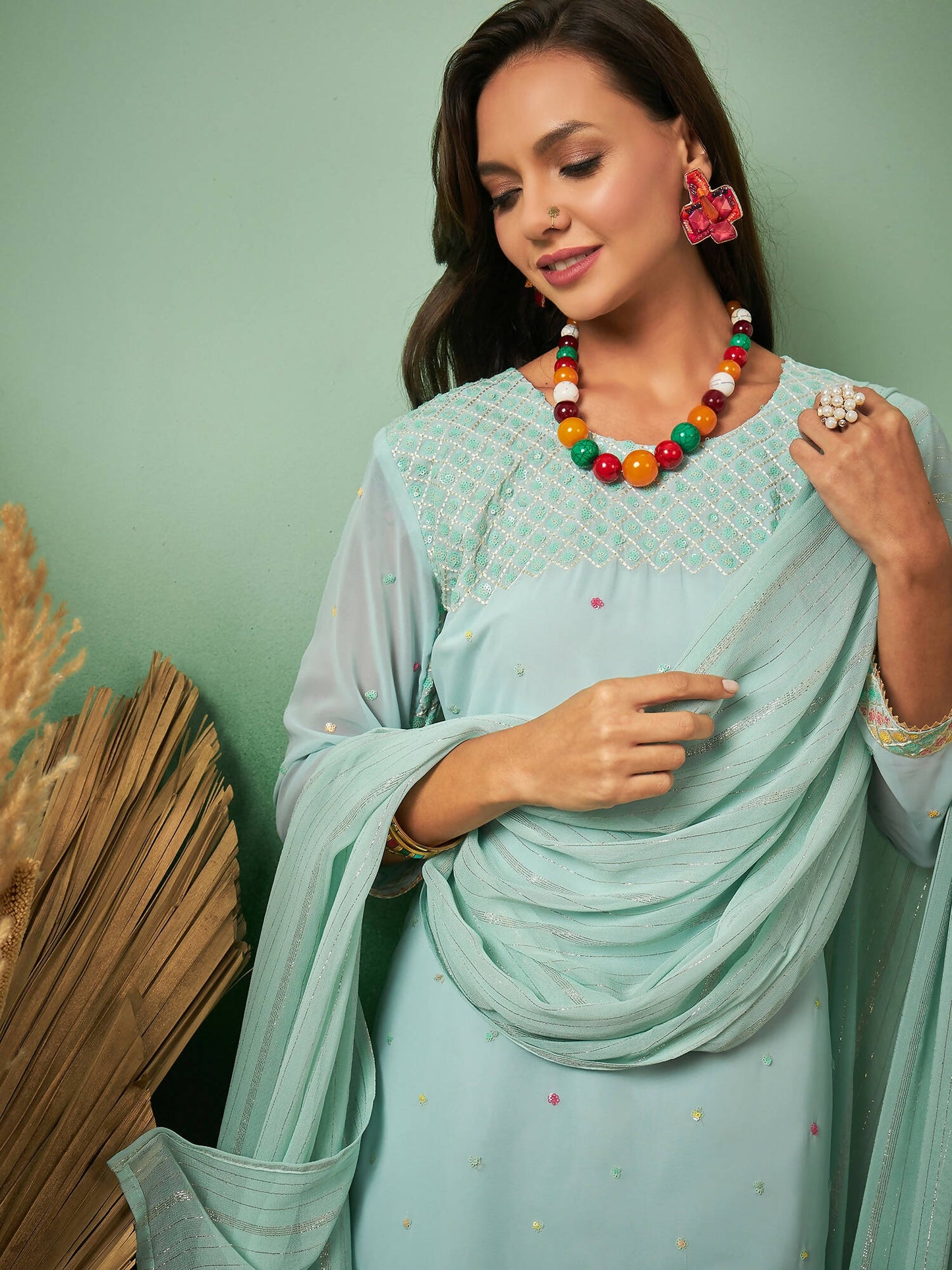 Sky Blue Georgette Handwork Unstitched Dress Material - Hanika - Distacart