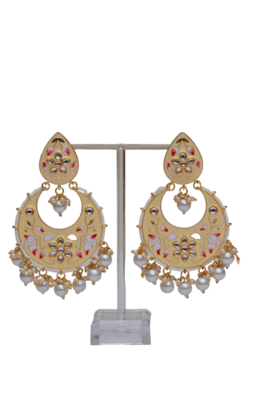 Gold Plated Brass & Pearl Dangle Women Cream Hand Painted Meenakari Chandbali Earrings By House of Ree - Distacart