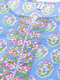 Thumbnail for Yufta Women Blue & Pink Handblock Printed Pure Cotton Kurta with Trouser & Dupatta