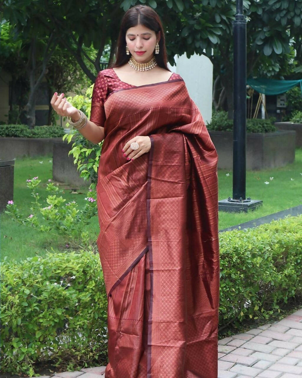 DEIANA'S Beautiful Golden Jari with New Design Soft Lichi Silk Saree - Maroon - Distacart